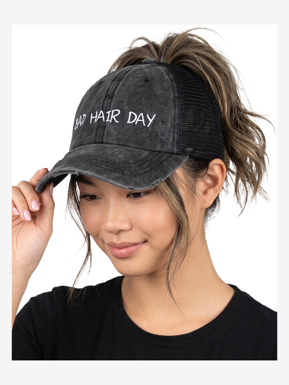 Criss Cross Ponytail Cap, Messy Bun Distressed Baseball Hat | Black | Size OS